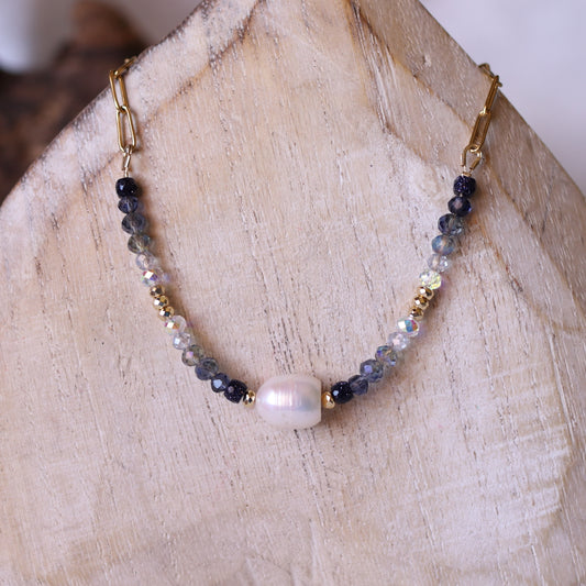 Collana Armonia Pietra Sole, Cristalli e Madreperla