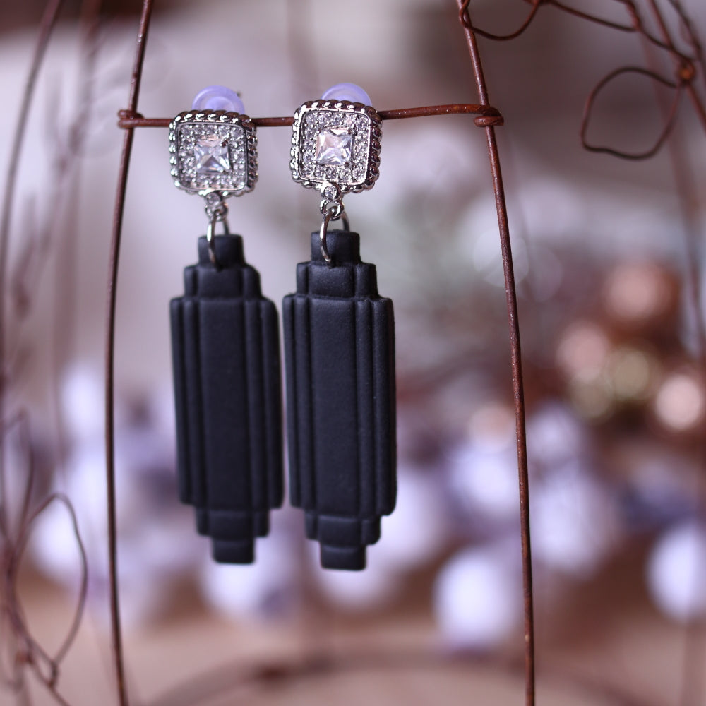 Orecchini Art Decò Empire Nero Argento