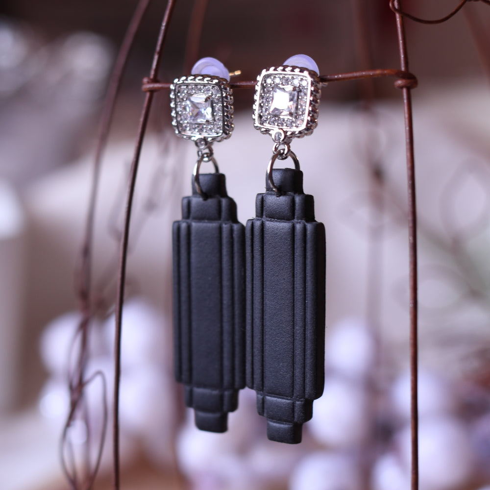 Orecchini Art Decò Empire Nero Argento